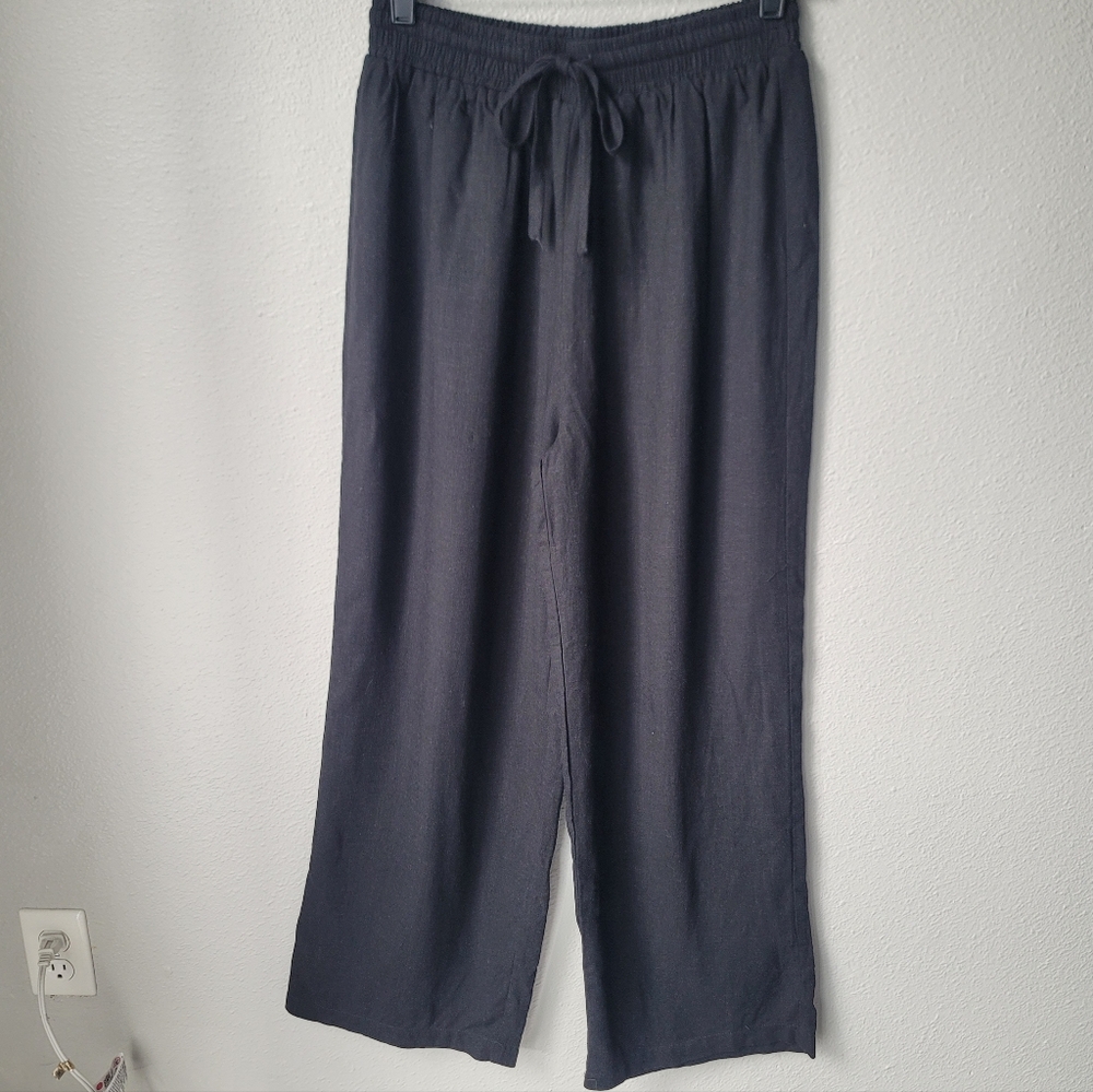 Lulu's Wide Leg Linen Blend Pants Elastic Waist Size Small In Black NWT